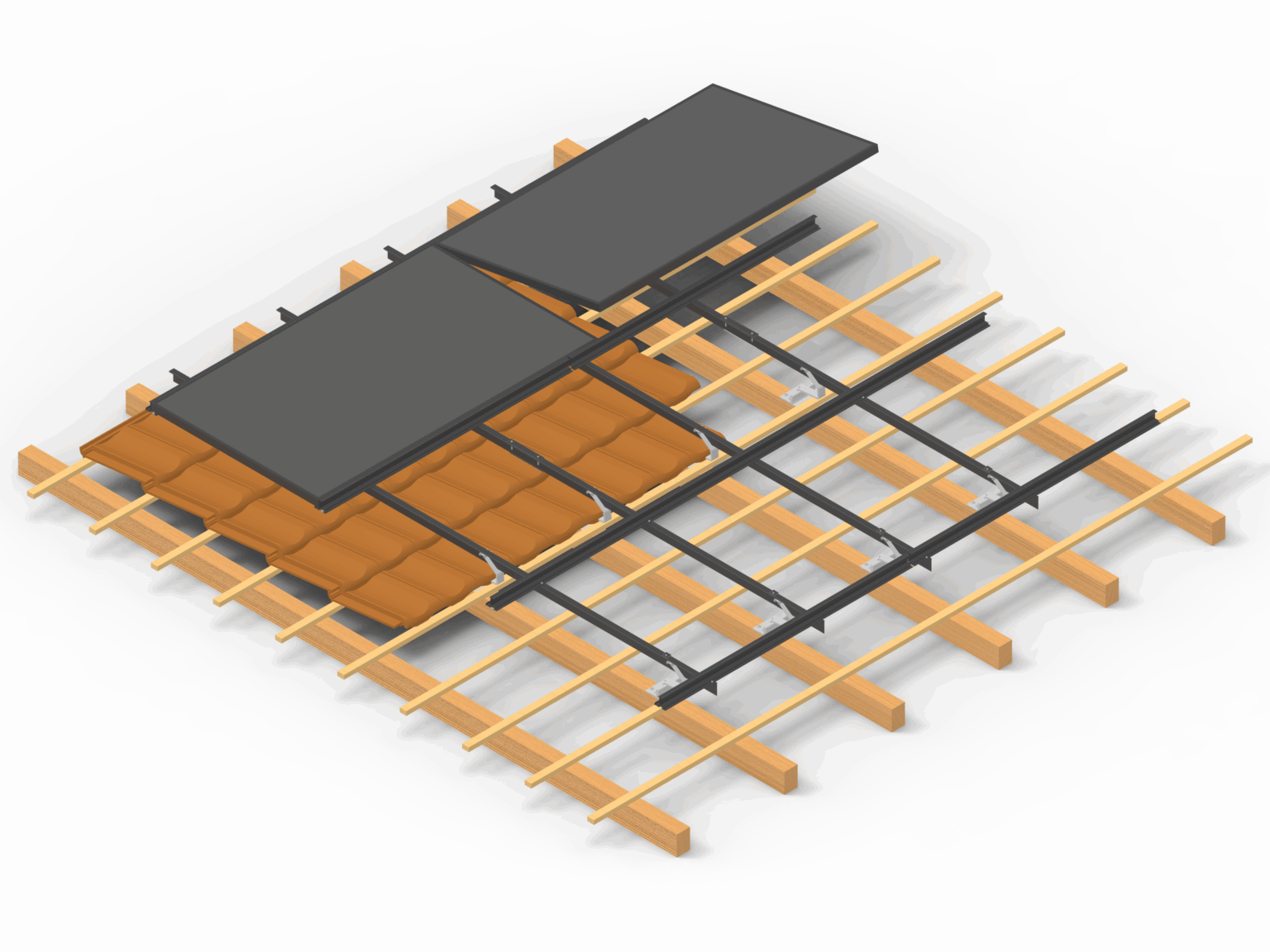 Aufbau SwissSolarRoof: PV-Module S, M, L, Dachfenster, Ortabschluss, Unterkonstruktion, Anschlageinrichtung, Schneefang, Blindmodul
